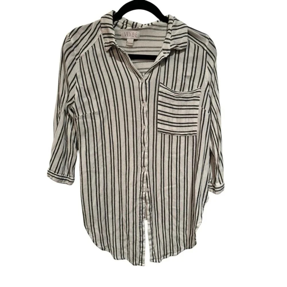 VIXBE Striped Tie Front Button‎ Up Shirt Roll Tab Sleeves Black White Med Women
